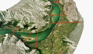 3-D Topo/Hydro Map of Lower Colorado River. Red lines are location of historic cross-sections.
