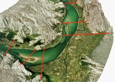 3-D Topo/Hydro Map of Lower Colorado River. Red lines are location of historic cross-sections.