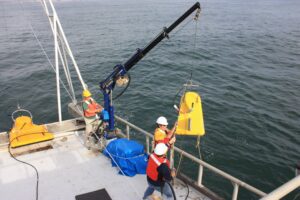 Two CHIRP towfish are deployed from RV LIGHTNING using crane & A-frame